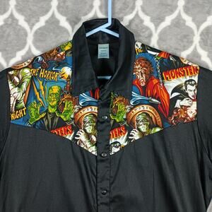 Hemet Horror Monster Print Shirt Men Medium Black Comic Snap Short Sleeve